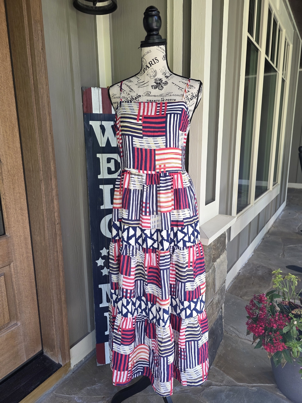 THML Red, Navy & White Striped Patchwork Midi Dress